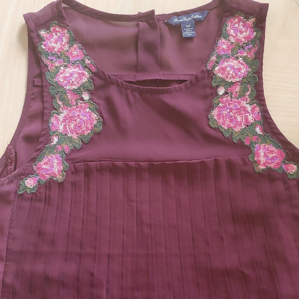 Floral Embroidered Sleeveless Burgandy Blouse